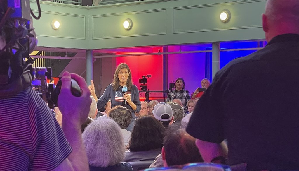 Republican presidential candidate Nikki Haley participates in a town hall in Exeter, N.H., on Oct. 12, 2023. (Louis Jacobson/PolitiFact)