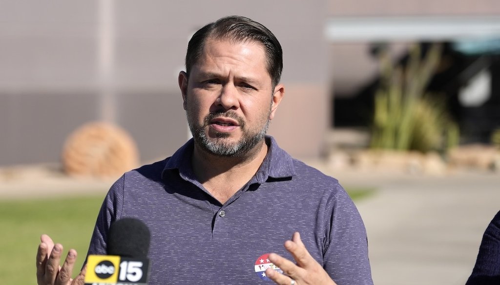 Rep. Ruben Gallego speaks to the media after dropping off his on Oct. 16, 2024, in Phoenix. (AP)